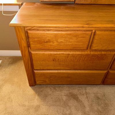 WOODLEY'S SOLID OAK 7 DRAWER DRESSER WITH TRIPLE MIRRORS