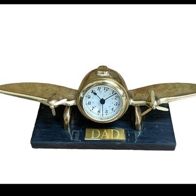 3 BRASS PROPELLER PLANE QUARTZ TABLE CLOCK MARBLE BASE