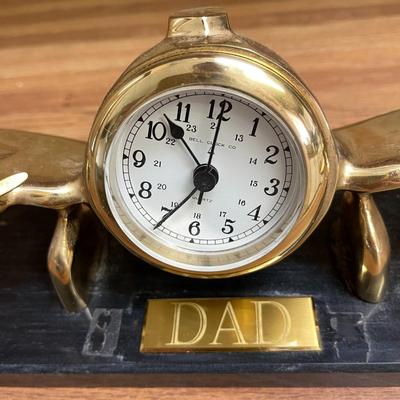 3 BRASS PROPELLER PLANE QUARTZ TABLE CLOCK MARBLE BASE