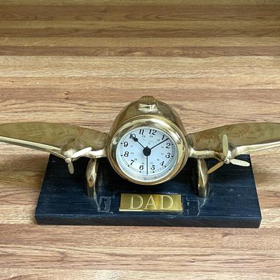 3 BRASS PROPELLER PLANE QUARTZ TABLE CLOCK MARBLE BASE