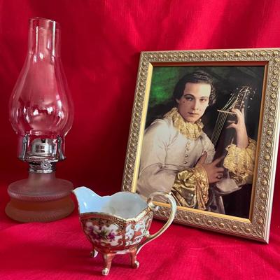 Oil lamp, Intricate piece of China and beautifully framed picture