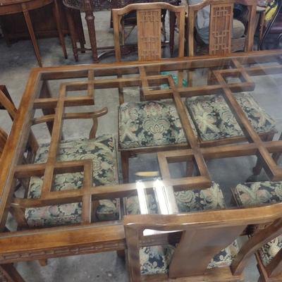 Century Furniture Company Chinoiserie Design Glass Top Dining Table with Six Matching Chairs