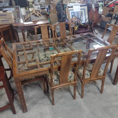 Century Furniture Company Chinoiserie Design Glass Top Dining Table with Six Matching Chairs