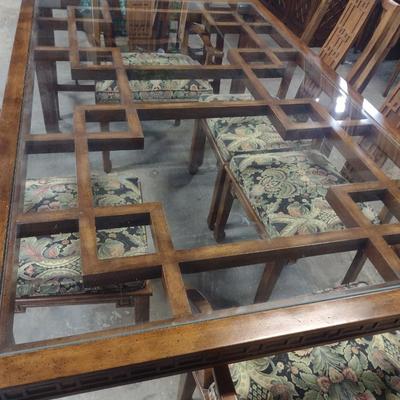 Century Furniture Company Chinoiserie Design Glass Top Dining Table with Six Matching Chairs