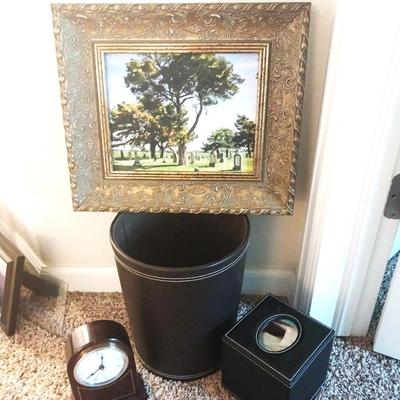 FRAMED PAINTING-MATCHING KLEENEX BOX & TRASHCAN-TABLE CLOCK