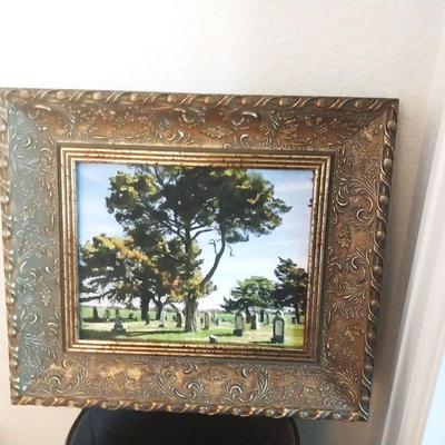 FRAMED PAINTING-MATCHING KLEENEX BOX & TRASHCAN-TABLE CLOCK