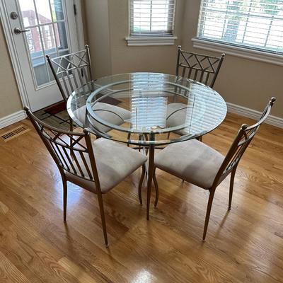 METAL FRAMED GLASS TOP TABLE WITH 4 MATCHING CHAIRS