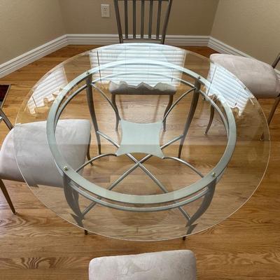 METAL FRAMED GLASS TOP TABLE WITH 4 MATCHING CHAIRS