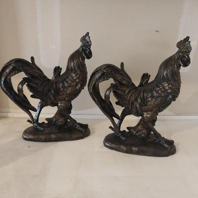 TWO ROOSTER FIGURINES AND OIL BURNER