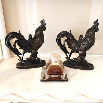 TWO ROOSTER FIGURINES AND OIL BURNER