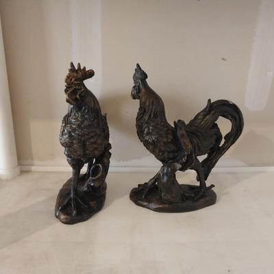 TWO ROOSTER FIGURINES AND OIL BURNER