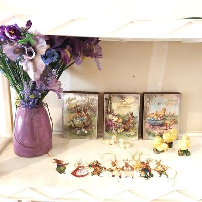 EASTER DECORATIONS AND VASE WITH FAUX FLOWERS