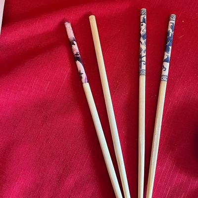 Beautiful blue and white leaf serving tray with five softballs and two sets of chopsticks