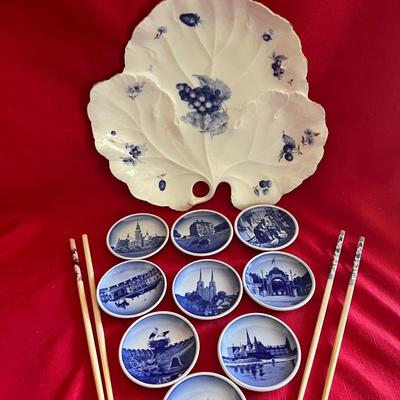 Beautiful blue and white leaf serving tray with five softballs and two sets of chopsticks