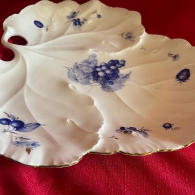 Beautiful blue and white leaf serving tray with five softballs and two sets of chopsticks