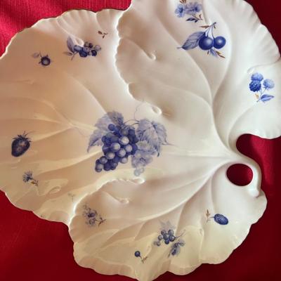 Beautiful blue and white leaf serving tray with five softballs and two sets of chopsticks