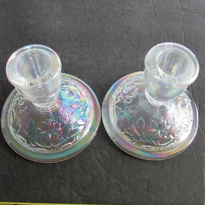 Clear Carnival Glass Candlestick Pair