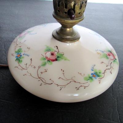 Antique Dresser Lamp, Pale Pink Glass, Hand Painted Flowers, No Shade