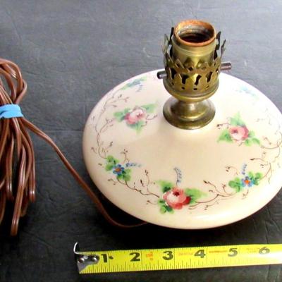 Antique Dresser Lamp, Pale Pink Glass, Hand Painted Flowers, No Shade
