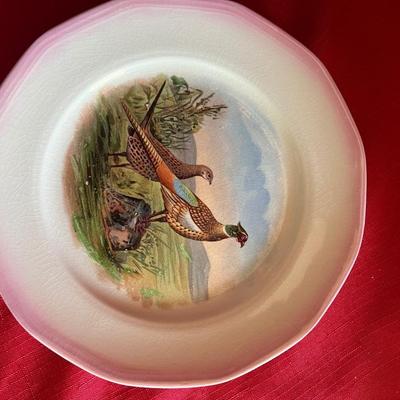 Set a four pheasant decorative plates with light pink trim