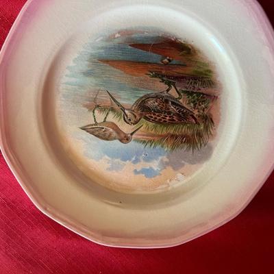 Set a four pheasant decorative plates with light pink trim