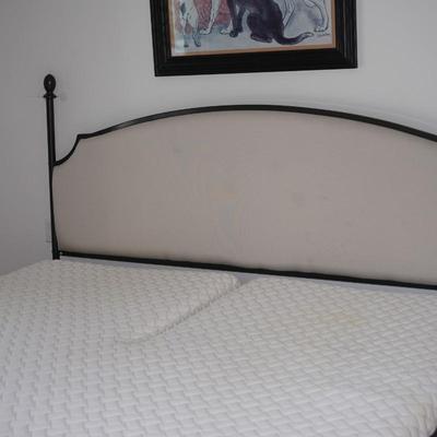 KING SIZE BED. METAL FRAME W/ IVORY COLORED UPHOLSTERED HEADBOARD, REVERIE ADJUSTABLE BASE