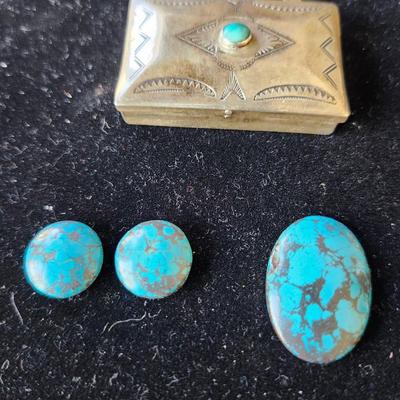 Kingman Mine Cabochons and Sterling Pill Box