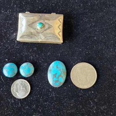 Kingman Mine Cabochons and Sterling Pill Box