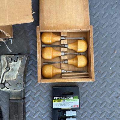 WOOD CHISELS, SOCKETS, TUBING BENDER AND MORE