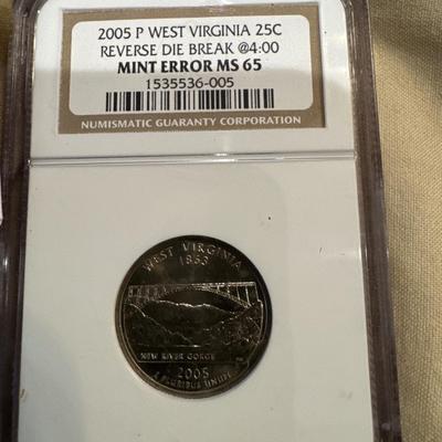 2005 P WEST VIRGINIA 25C reverse dye break @ 4:00 error MS65