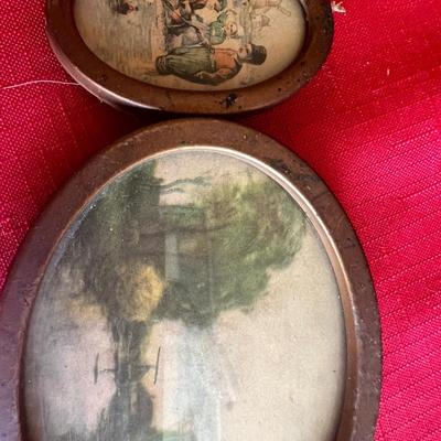 Vintage picture frames with meals along with wood carved windmill picture, and unique Swedish wood carving