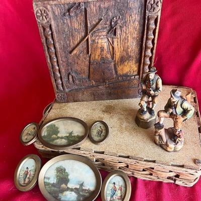 Vintage picture frames with meals along with wood carved windmill picture, and unique Swedish wood carving