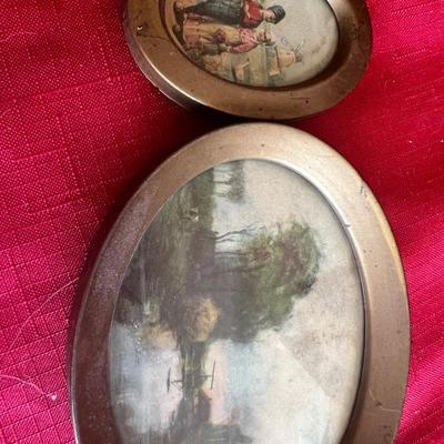 Vintage picture frames with meals along with wood carved windmill picture, and unique Swedish wood carving