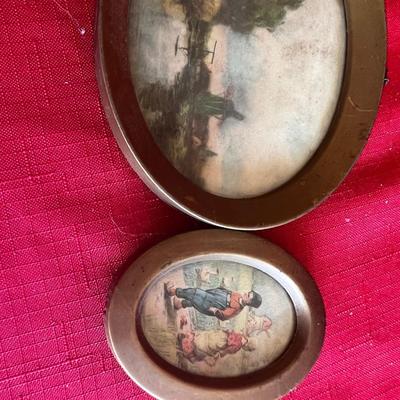 Vintage picture frames with meals along with wood carved windmill picture, and unique Swedish wood carving