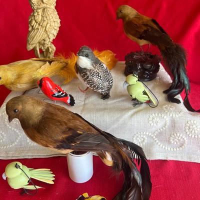 Variety of decorative birds, small painted handcuff birds Along with three larger birds with feathers and one owl, figuring that is really