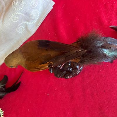 Variety of decorative birds, small painted handcuff birds Along with three larger birds with feathers and one owl, figuring that is really