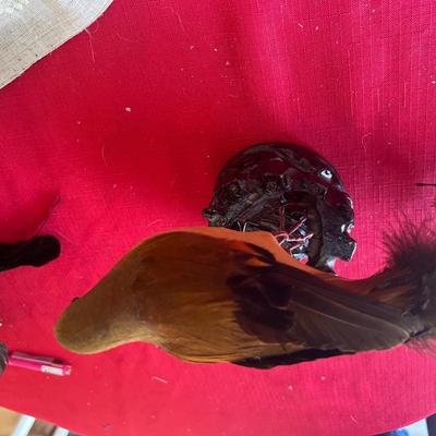 Variety of decorative birds, small painted handcuff birds Along with three larger birds with feathers and one owl, figuring that is really