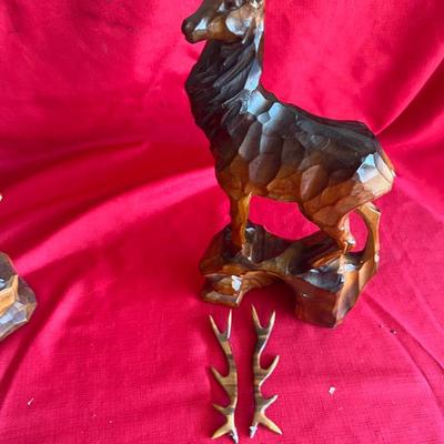Hand carved buck and mountain goat horns and buck removable mountain goat has one missing tip very unique
