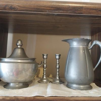 PEWTER CANDLE HOLDERS-WATER PITCHER AND BOWL WITH LID