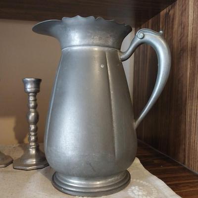 PEWTER CANDLE HOLDERS-WATER PITCHER AND BOWL WITH LID