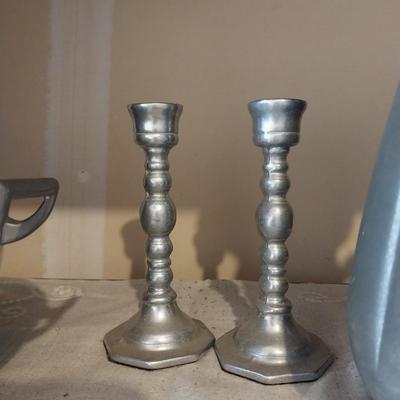 PEWTER CANDLE HOLDERS-WATER PITCHER AND BOWL WITH LID
