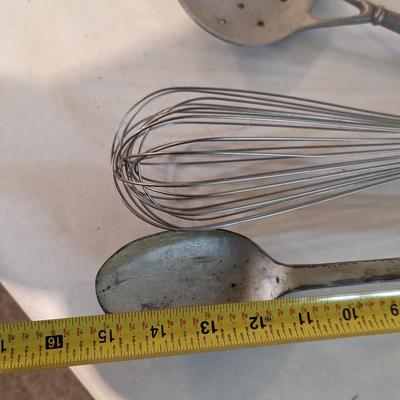 Vintage Utensils Pewter Slotted Spoon Whisk