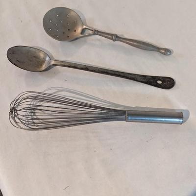 Vintage Utensils Pewter Slotted Spoon Whisk