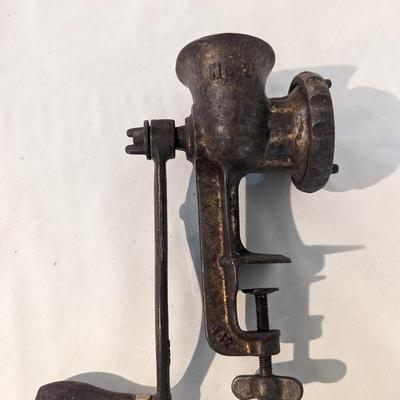 Vintage No. 2 Food Meat Grinder With Wooden Hand Crank, Table Mount Made In USA