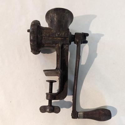 Vintage No. 2 Food Meat Grinder With Wooden Hand Crank, Table Mount Made In USA