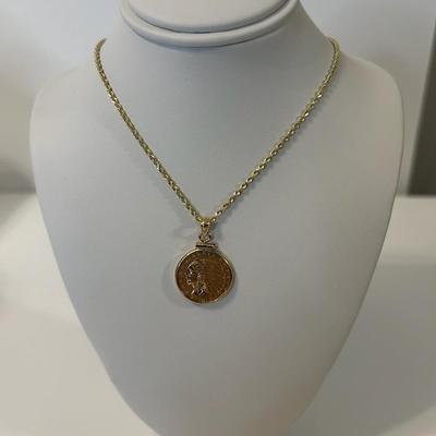 New 14K GOLD CHAIN & 1912 INDIAN HEAD. 2.5 Dollar Peace & New 14 K bezel