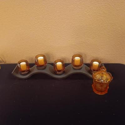 METAL WAVE VOTIVE CENTERPIECE AND AMBER FOSTORIA COIN GLASS DISH W/LID