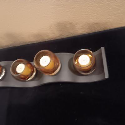 METAL WAVE VOTIVE CENTERPIECE AND AMBER FOSTORIA COIN GLASS DISH W/LID