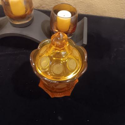 METAL WAVE VOTIVE CENTERPIECE AND AMBER FOSTORIA COIN GLASS DISH W/LID