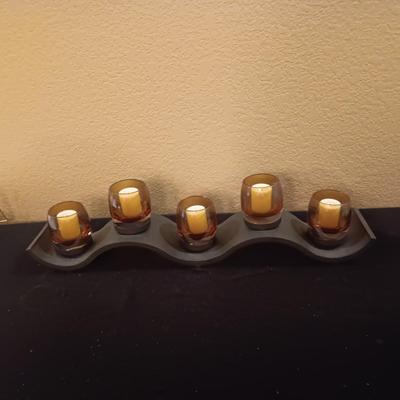 METAL WAVE VOTIVE CENTERPIECE AND AMBER FOSTORIA COIN GLASS DISH W/LID